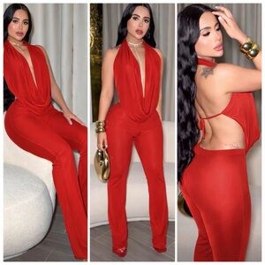 2PCs Draped Halter Pant Set RED